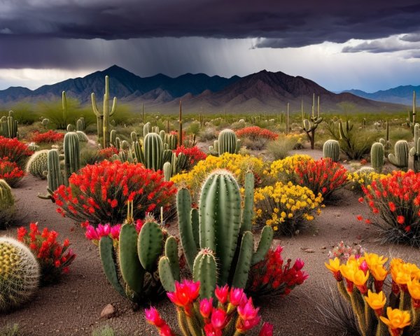 Vibrant Desert Landscape with Colorful Cacti and Flora