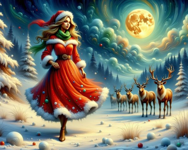 Winter Landscape with Young Woman in Red Dress