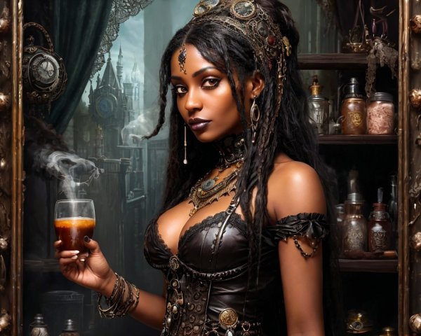 Striking Woman in Dark Outfit with Mysterious Beverage