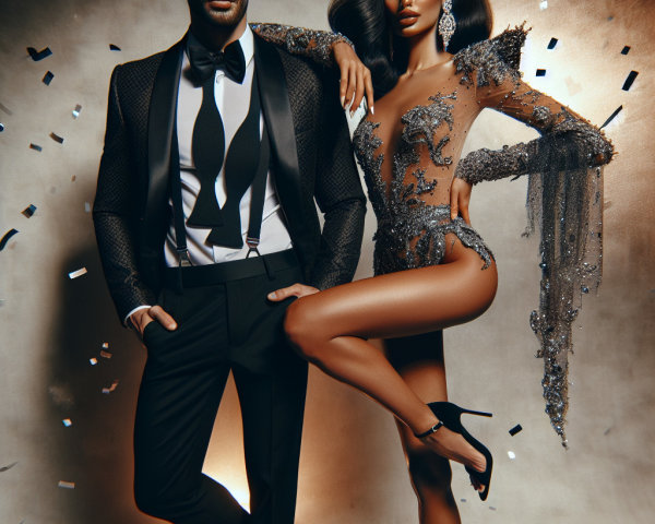 Elegant Couple in Sophisticated Attire with Gradient Background