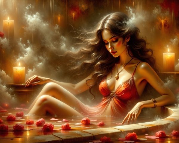 Serene Woman in Elegant Bathing Setting with Candles