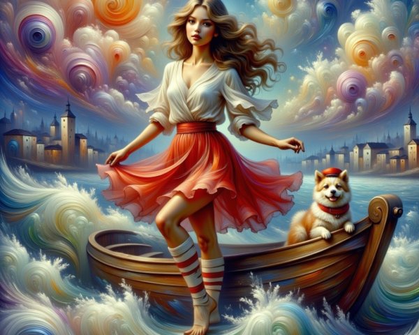 Young woman dancing on a boat with a corgi companion