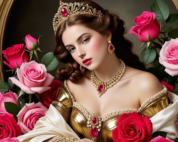 Regal Woman in Golden Gown Surrounded by Roses