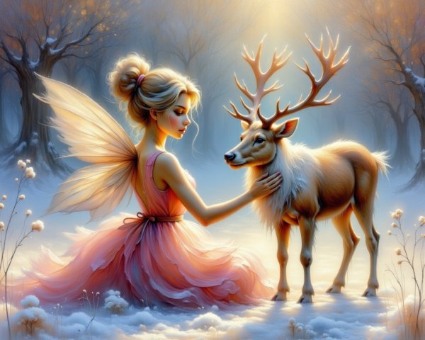 Fairy and Reindeer in a Snowy Forest Scene