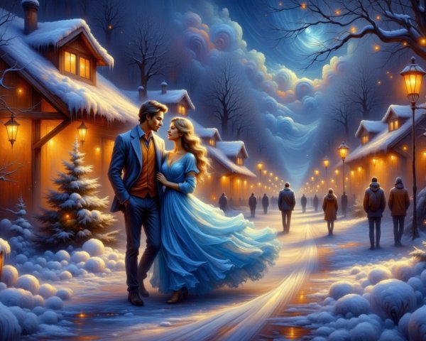 Romantic Winter Scene in a Snowy Village