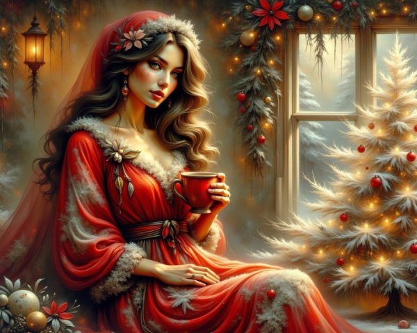 Cozy Indoor Scene with Christmas Decorations and Snow