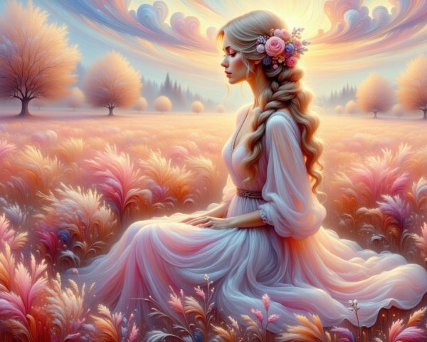 Young Woman in Pastel Flower Field at Sunrise