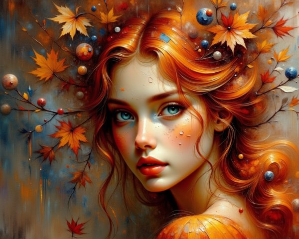 Young Woman with Red Hair and Autumn Leaves