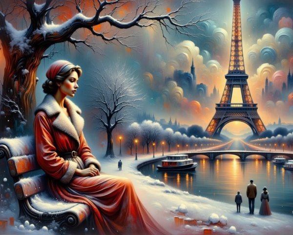 Winter Scene in Paris with a Woman in Red Gown