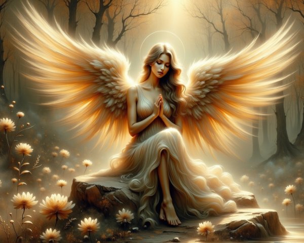 Serene Angel on Rock Surrounded by Ethereal Light