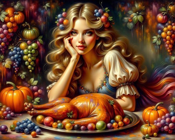 Young woman with fruit and flower hair by autumn feast