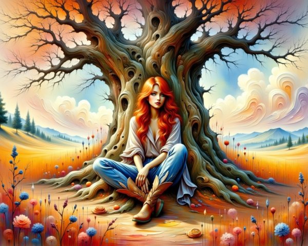 Young Woman Relaxing Under a Majestic Tree at Sunset