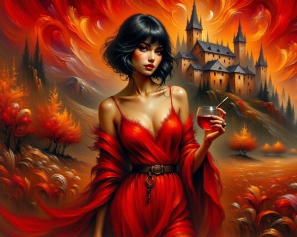 Elegant Woman in Red Gown with Gothic Castle Background