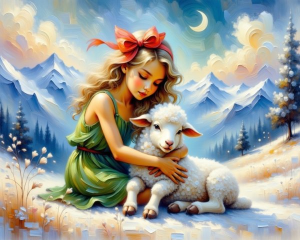 Young Girl in Green Dress with Lamb in Snowy Landscape