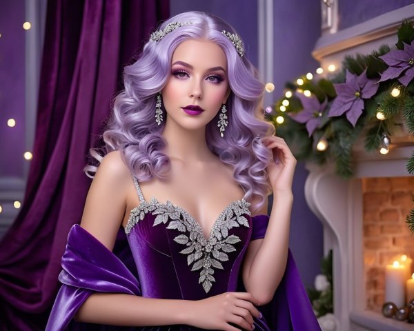 Elegant woman in purple gown with silver details