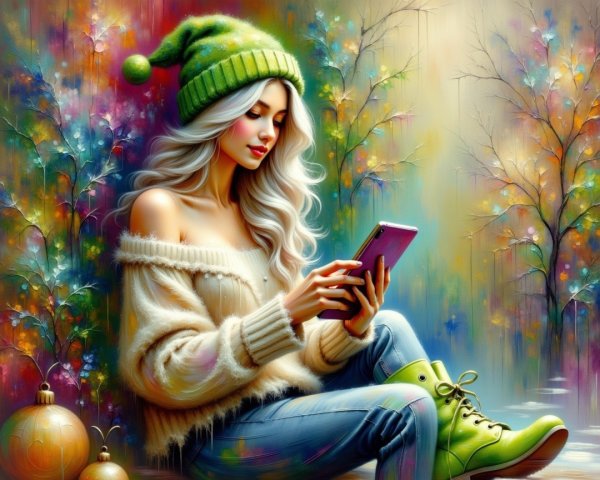 Young woman with white hair in cozy sweater and hat