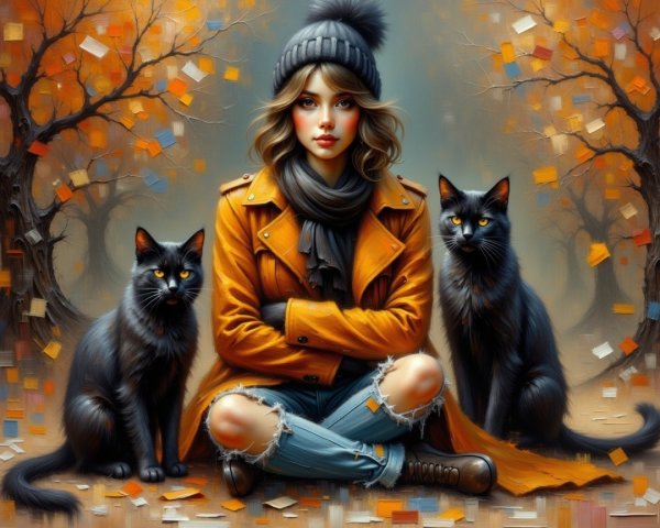 Young woman in autumn with two black cats in nature