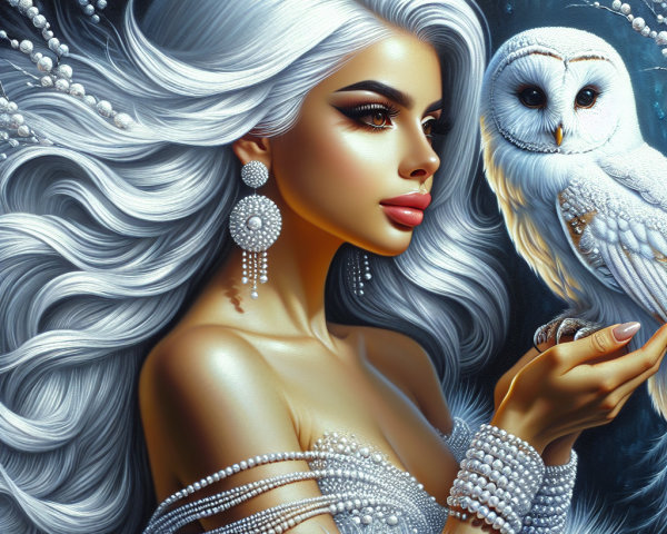 Pale Woman with White Hair and White Owl on Hand