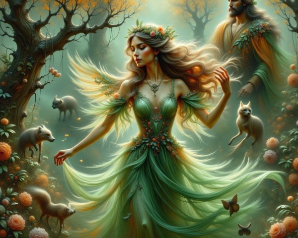 Woman in Green Gown Dances in Mystical Forest