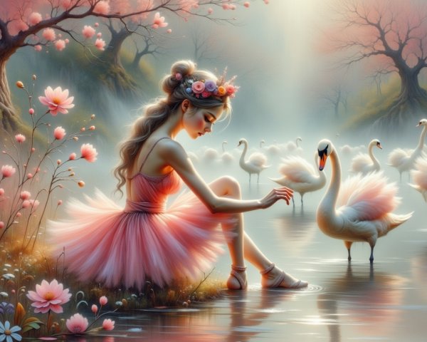 Ballerina by Lake Surrounded by Flowers and Swans