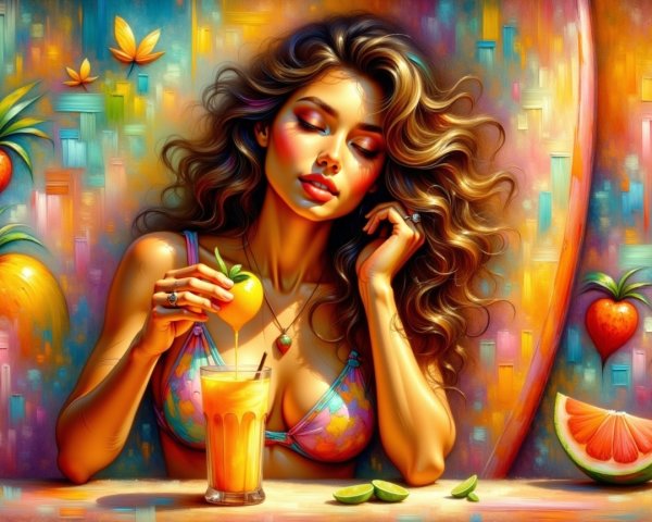 Vibrant Scene of Woman with Tropical Drink and Fruit