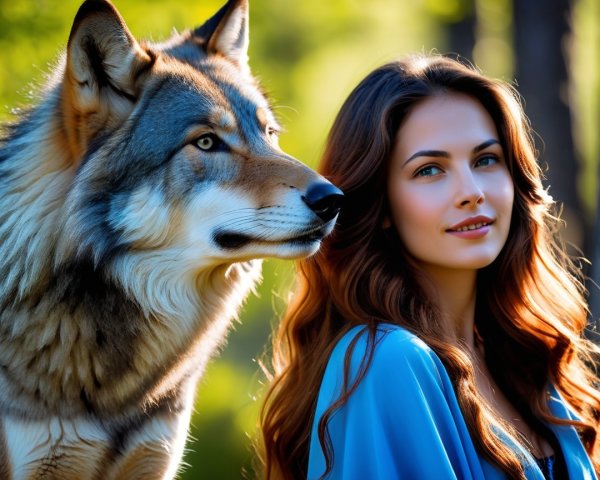 Woman and Wolf in a Lush Green Forest Scene