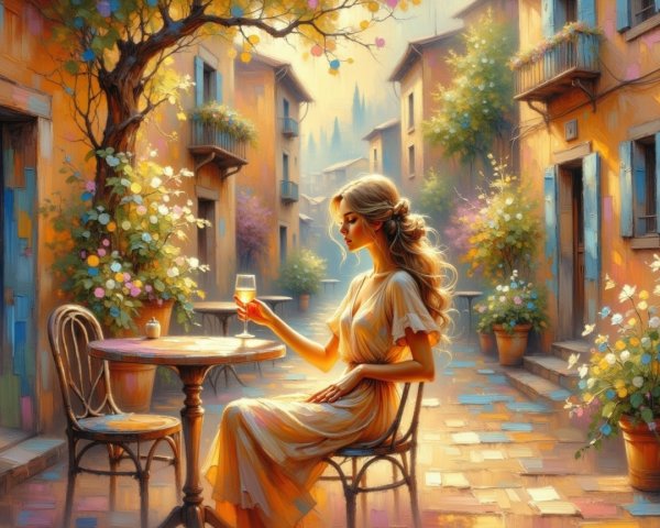 Sunlit Village Street with Flowers and Elegant Woman