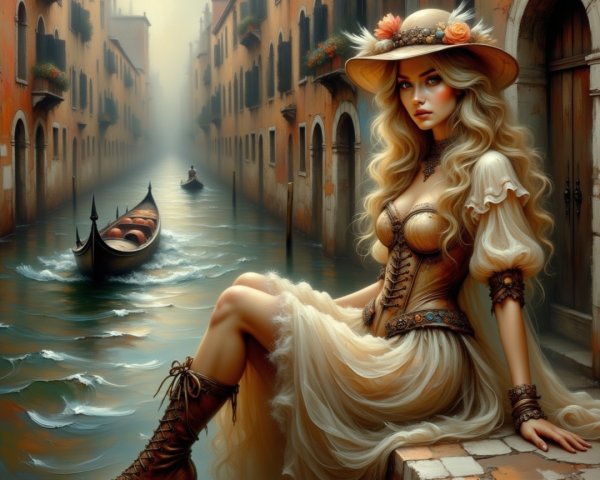 Beautiful Woman in Venetian Canal Setting