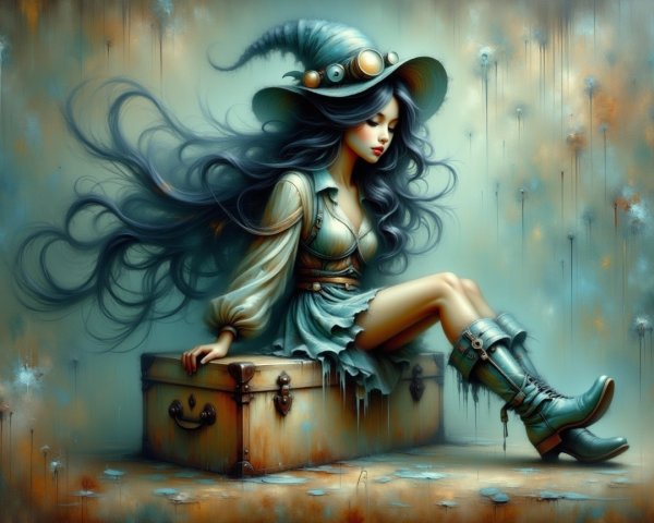 Mystical Figure on Suitcase in Dreamlike Setting