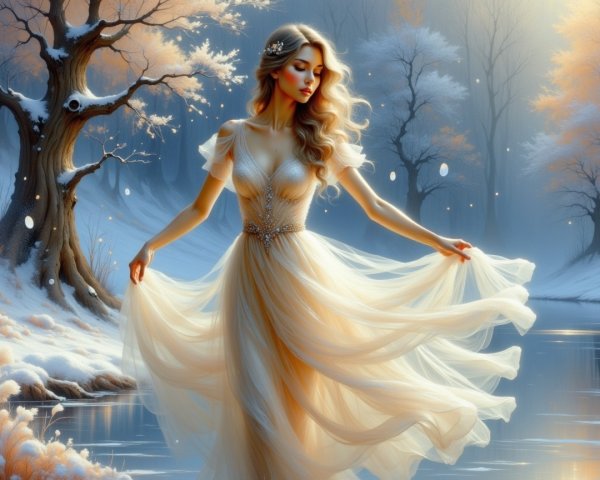 Graceful figure by a misty river in pastel gown