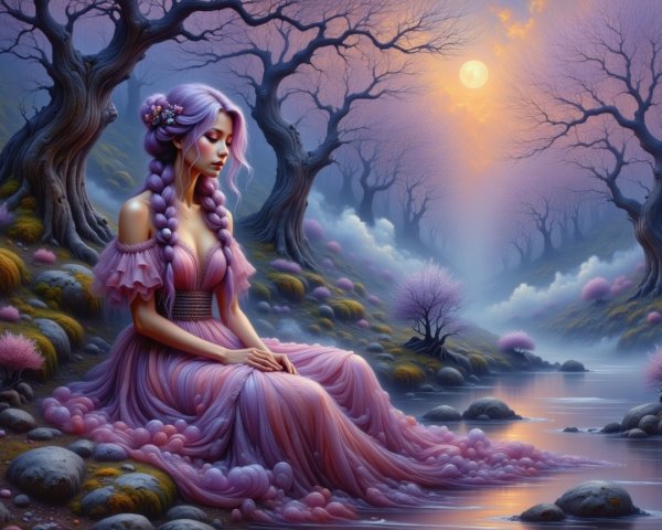 Young Woman in Pink Dress by Tranquil Stream