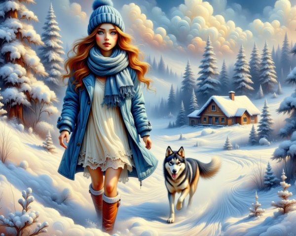 Winter Landscape with Woman and Husky in Snow