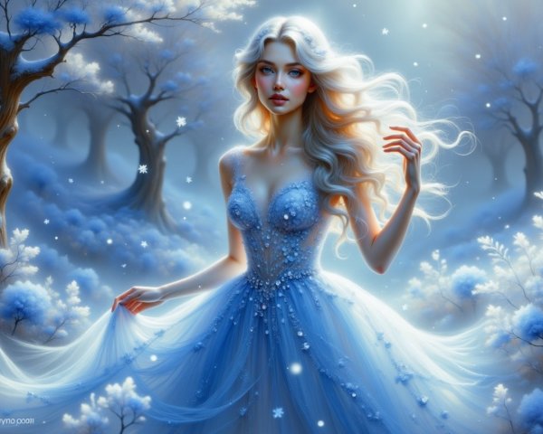 Serene Figure in Magical Winter Landscape with Snowflakes