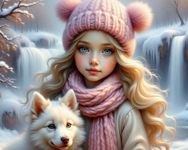 Young girl with puppy by a winter waterfall scene