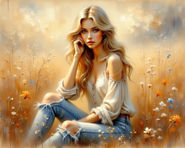 Young woman in wildflower field with soft blouse and jeans