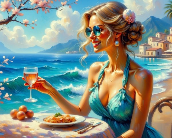 Woman in teal dress dining by the seaside with blooms