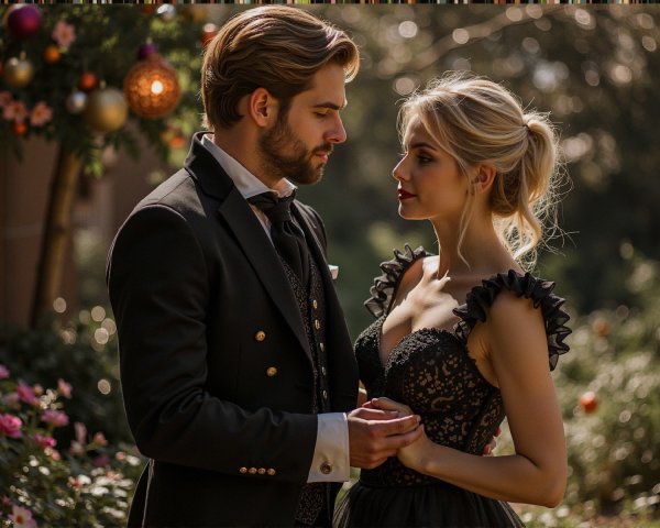 Romantic Encounter in a Lush Garden Setting