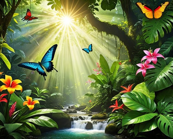 Vibrant Jungle Scene with Sunlight and Tropical Flora