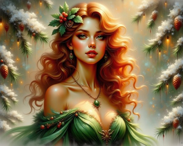 Young Woman in Green Gown with Amber Hair and Holly