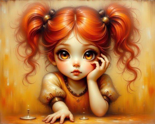 Young girl with red pigtails in golden dress