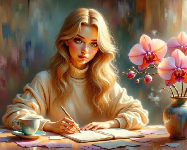 Young woman with blonde hair at a cozy table setting