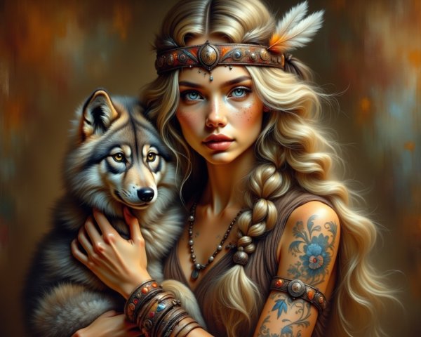 Mystical Woman with Wolf in Earthy Tones