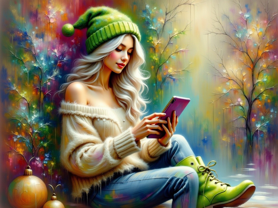 Young woman with white hair in cozy sweater and hat