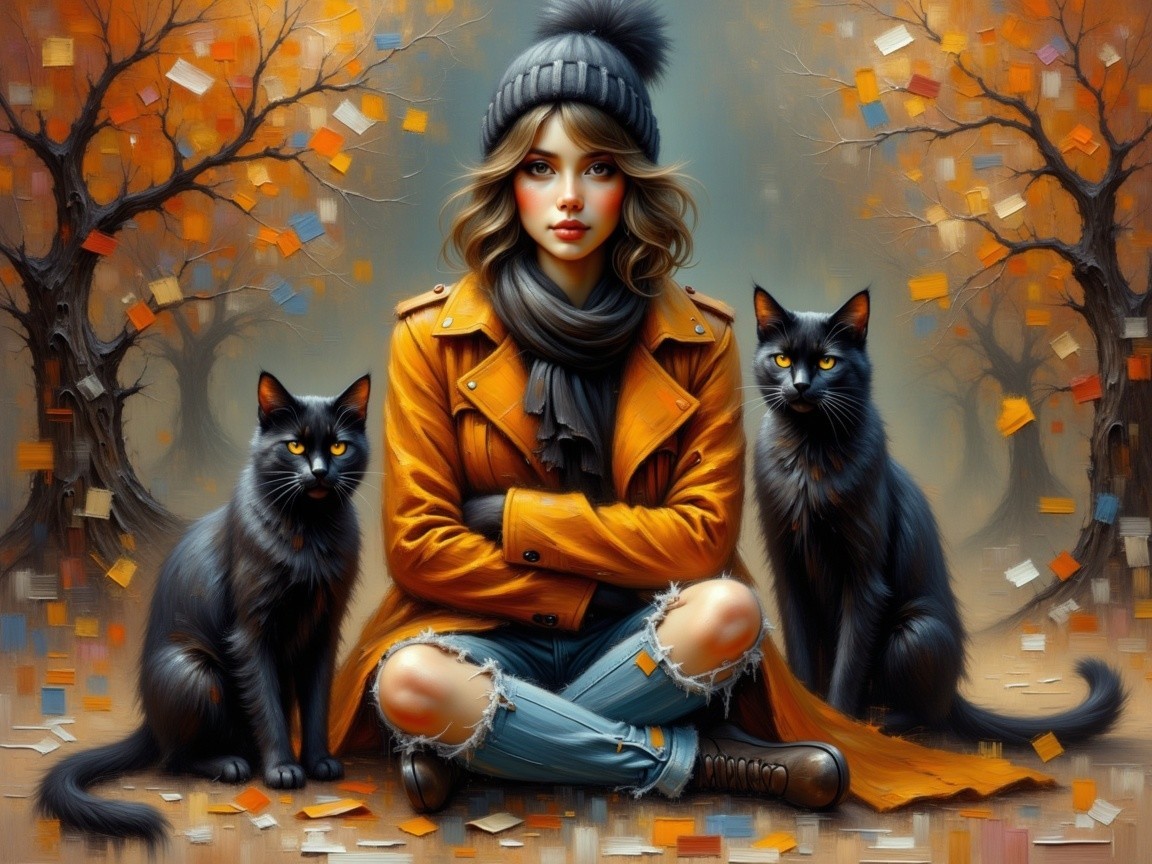 Young woman in autumn with two black cats in nature