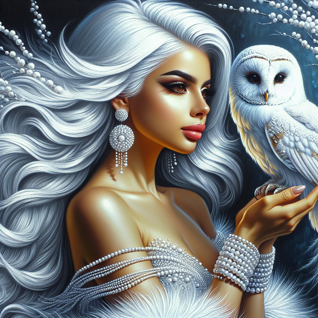 Pale Woman with White Hair and White Owl on Hand