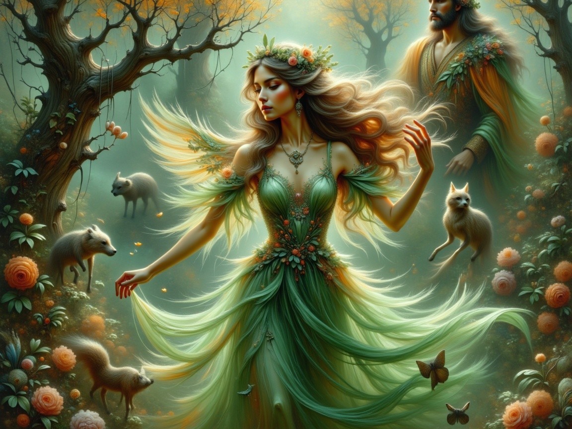 Woman in Green Gown Dances in Mystical Forest