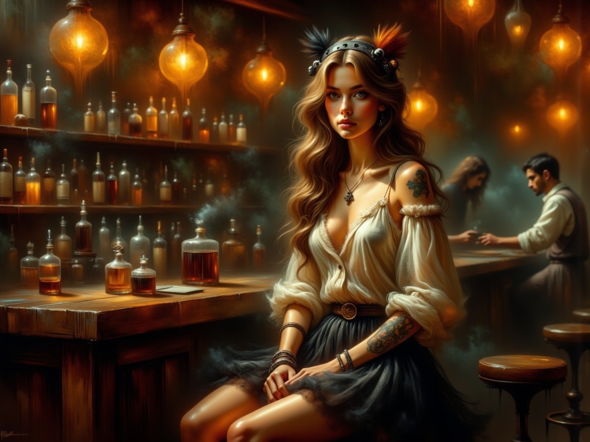 Captivating Woman in Dimly Lit Tavern Setting