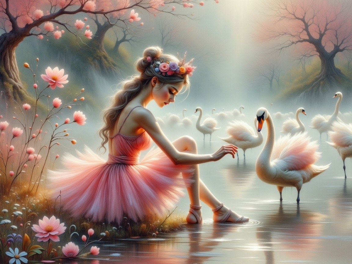 Ballerina by Lake Surrounded by Flowers and Swans
