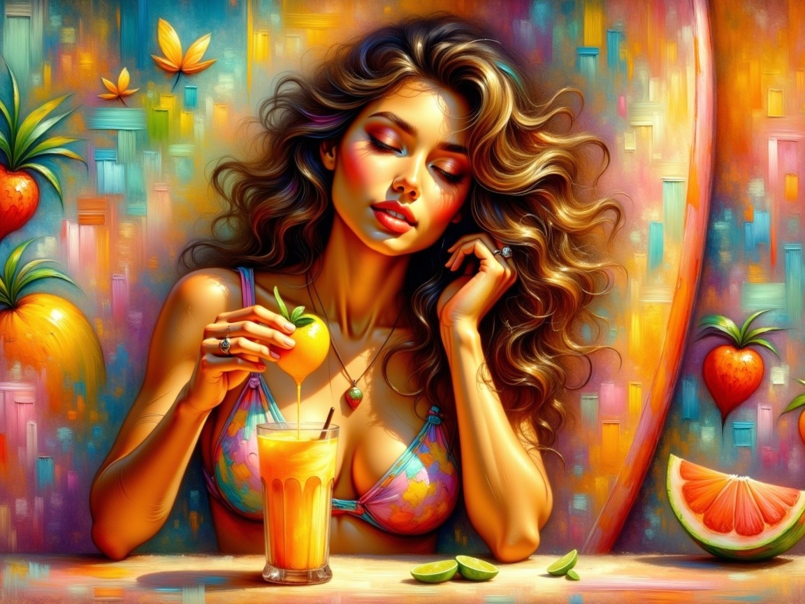 Vibrant Scene of Woman with Tropical Drink and Fruit