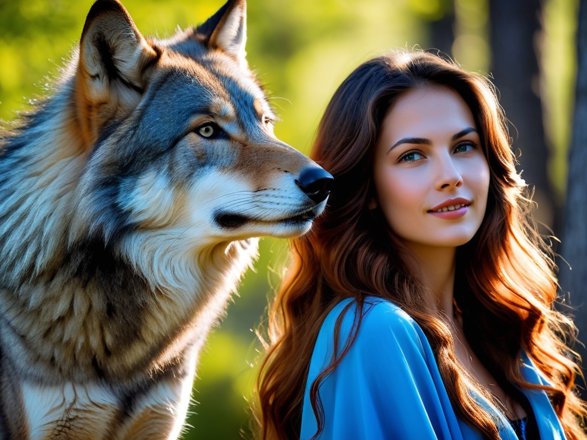 Woman and Wolf in a Lush Green Forest Scene